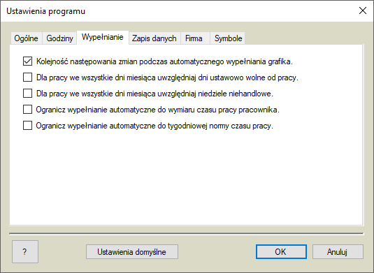 Opcje programu - wypełnianie