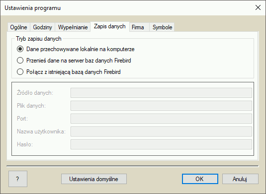 Opcje programu - zapis danych